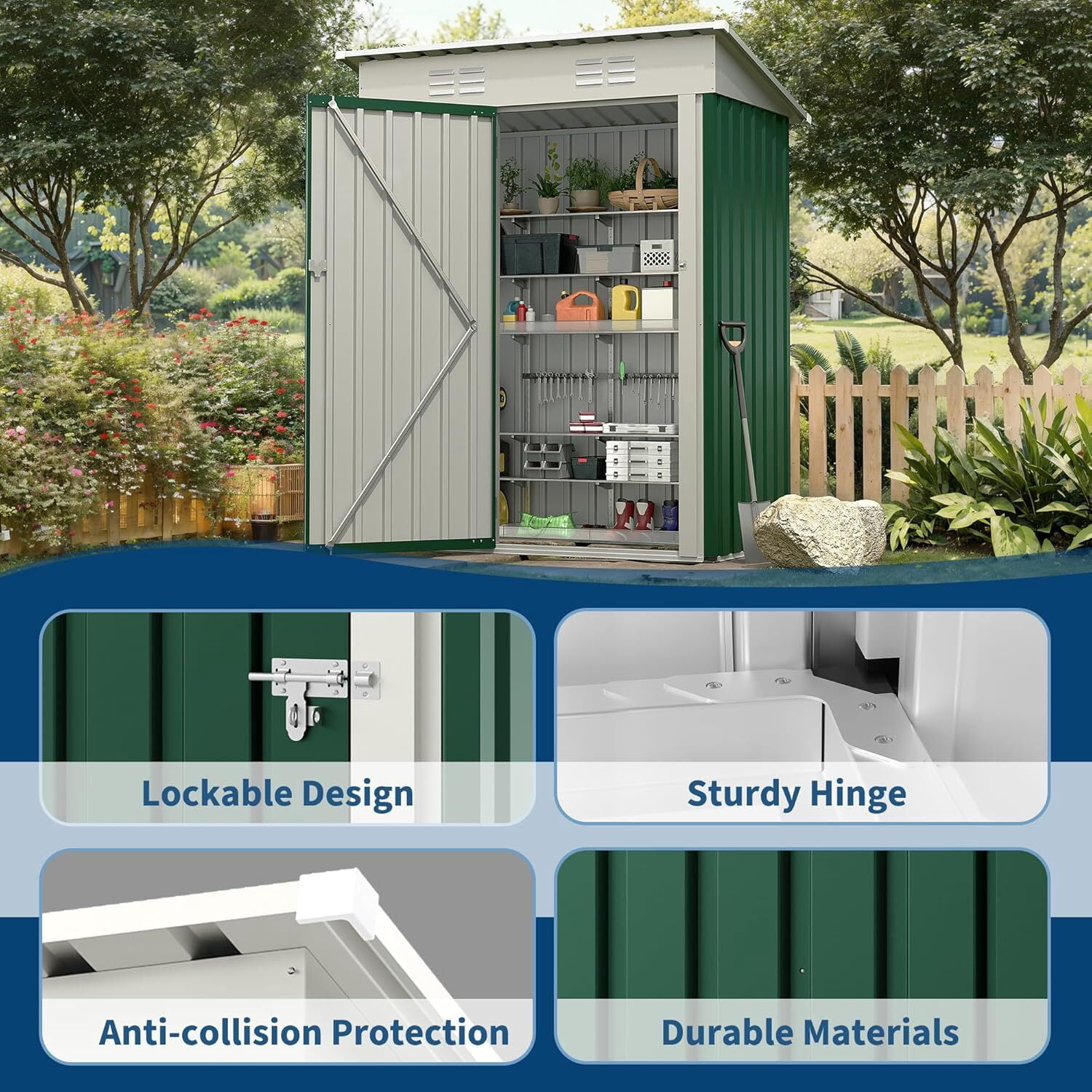 EuKer Metal Storage Sheds, 5ft x 3ft Small Outdoor Storage Shed with Lockable Door for Garden, Backyard, Green