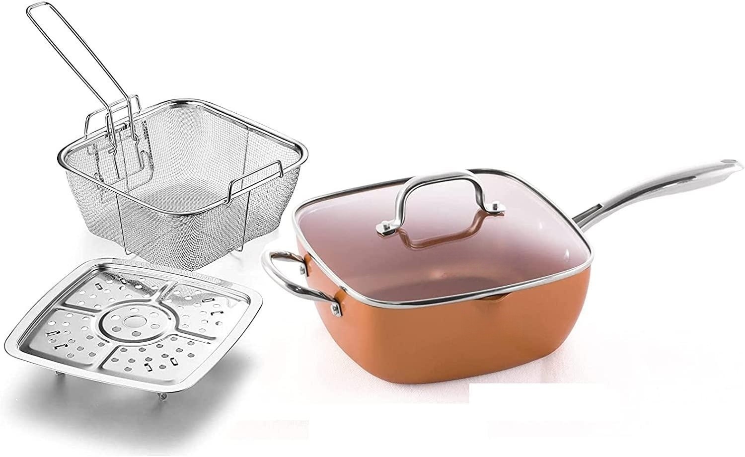 All in One Pan 9.5 Inch Copper Nonstick Square Deep Fry Pan with Chip