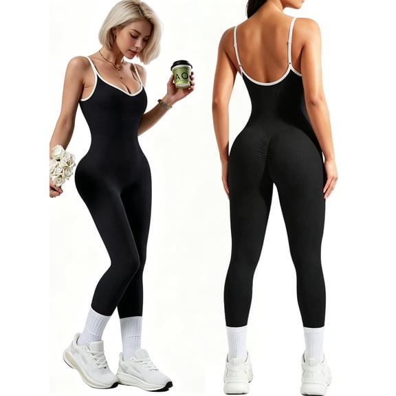 KEFIRLILY Women's Backless Ribbed Workout Jumpsuit - V Neck Sleeveless Yoga Romper, Tummy Control 3D Butt Lifting Bodycon Jumpsuit for Gym, Running, Activewear