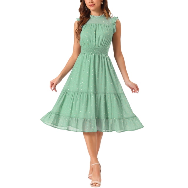 Vestido de gasa sin mangas con cintura fruncida y estrellas metálicas doradas para fiesta L verde