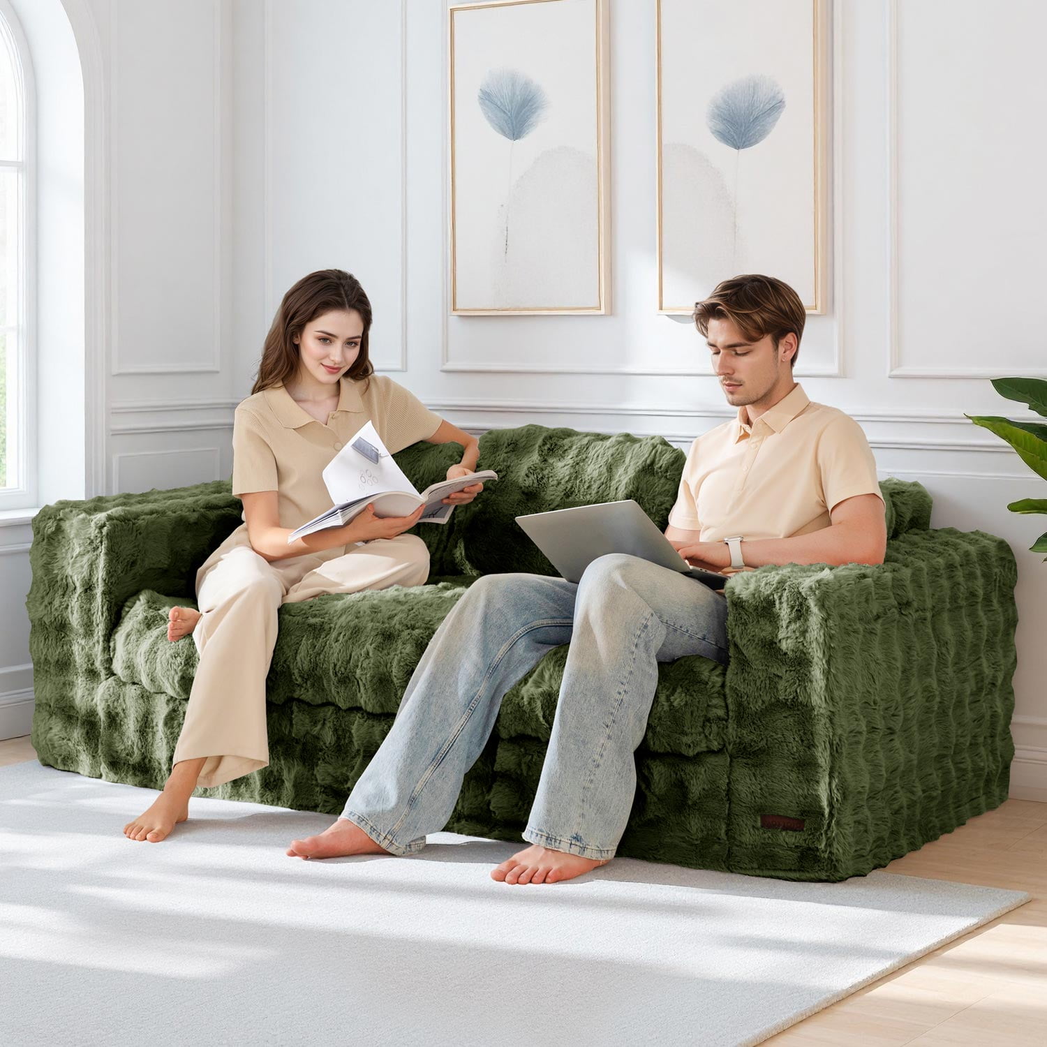 GOODONE 3 Seater Couch,Giant Bubbled Boneless Sofa Couch,Modern Comfy Floor Sofa with Armrests for Living Room and Apartments,No Assembly Required,Green