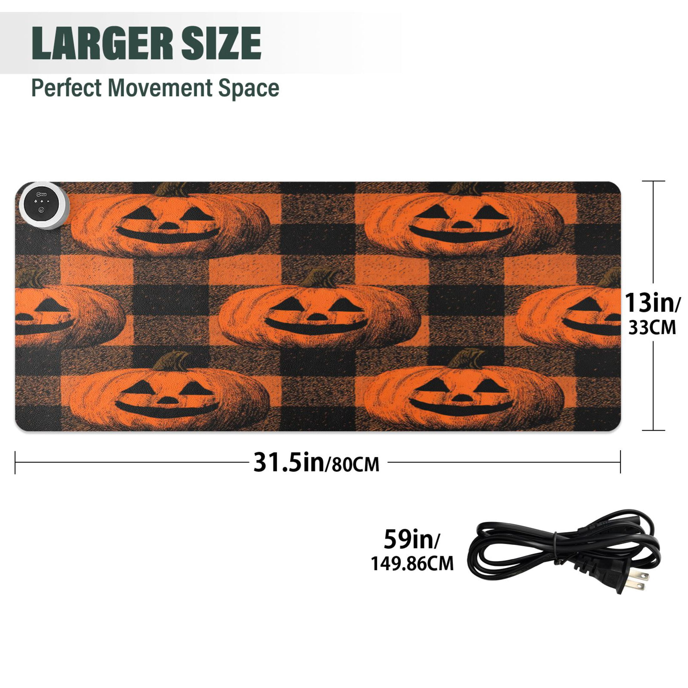 Large Heated Desk Mat Mouse Pad 31.5"x13"PU Leather Graphene Heating Desk Warmer with 3 Temperature Settings 110V US Plug Non-Slip Warm Pad for Home, Office, and Gaming Orange Striped Smiley Pumpkins