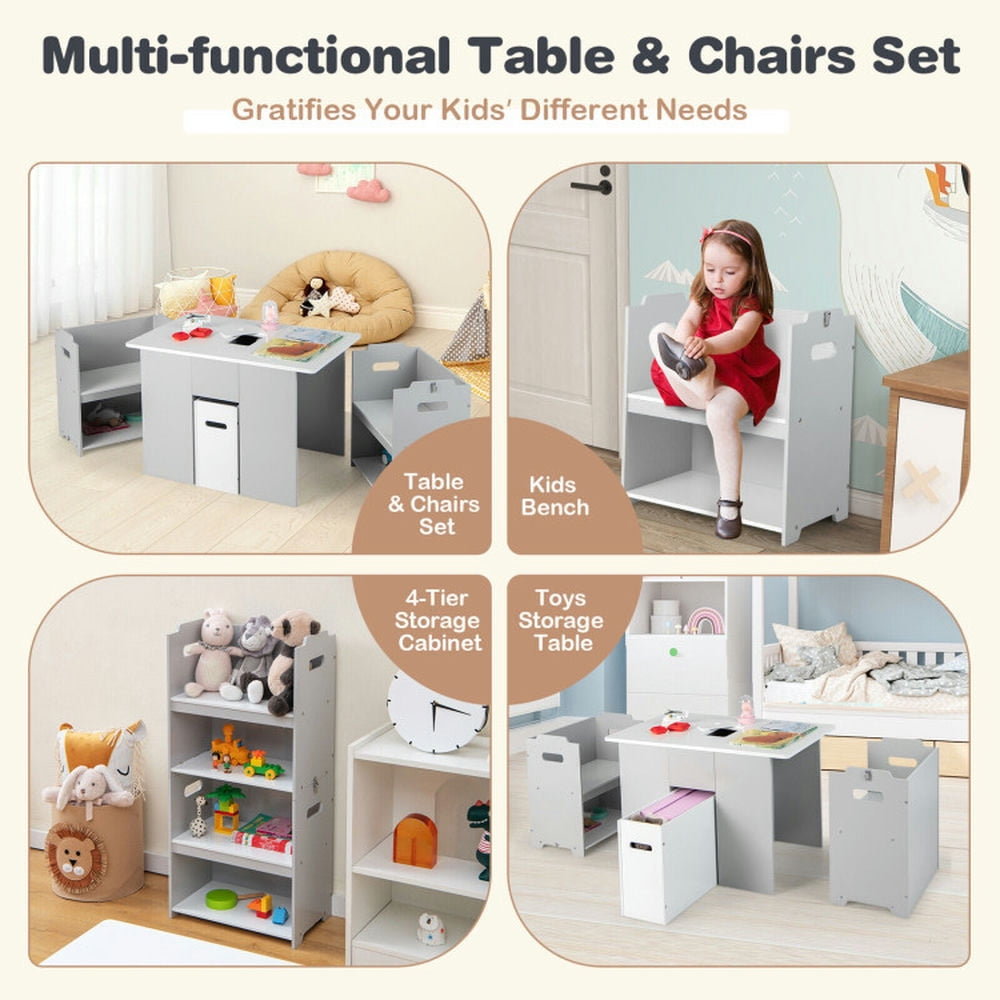 Spaco 4-in-1 Kids Table and Chairs with Multiple Storage for Learning-Gray, Toddler Table and Chair Set for Arts & Crafts, Snack Time, Homeschooling, Homework