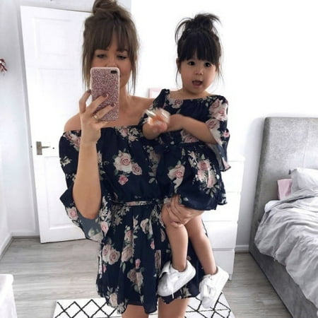 Family Dress Mother and Daughter Matching Girl Floral Outfits Clothes Long Sleeve Dresses