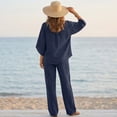 thumbnail image 4 of CIENVNSTG Two Piece Sets for Women Summer Cotton Linen Button Stand Collar 7 Quarter Sleeves Wide Leg Pants Suit Female Breathable Outfit Dark Blue XL, 4 of 7