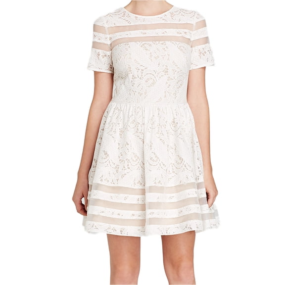 Aqua Womens Short Sleeve Illusion Lace Fit and Flare Dress