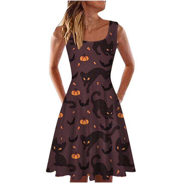 Vestido sin mangas cómodo suelto con estampado de Halloween con cuello redondo de verano para mujer a la moda Fridja hjkh55