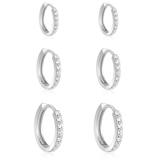 6ps Women's Earrings 14K gold-plated Single row zircon circle Ear buckles, Romantic gifts for Her Wife Mother Christmas Valentine's Day,6,Plata,De moda sencillo,círculo,7+9+12mm