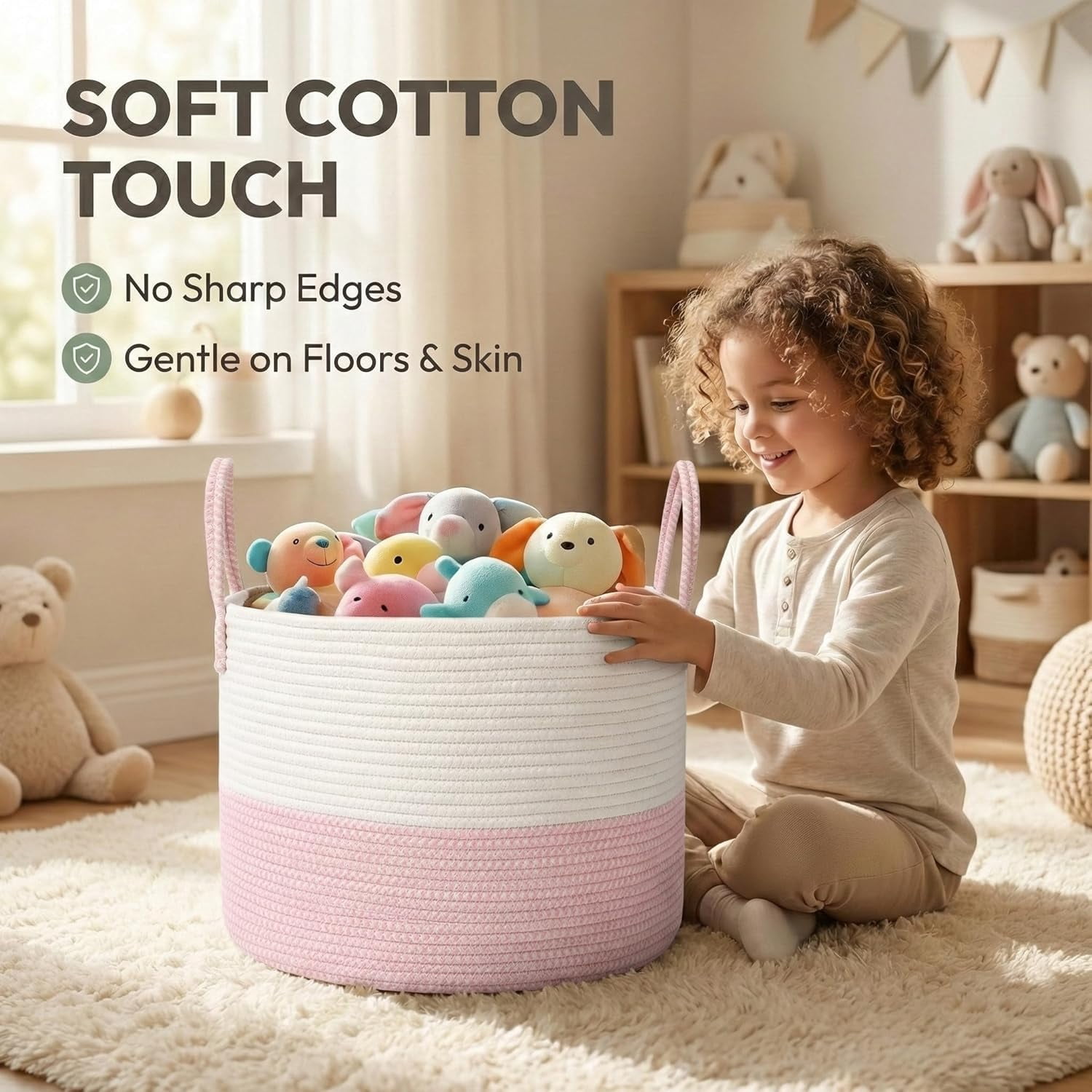 65L Extra Large Blanket Basket for Living Room - Woven Cotton Rope Laundry Hamper with Reinforced Handles - Storage Bin for Pillows, Comforters & Toys - Machine Washable,Black&Grey