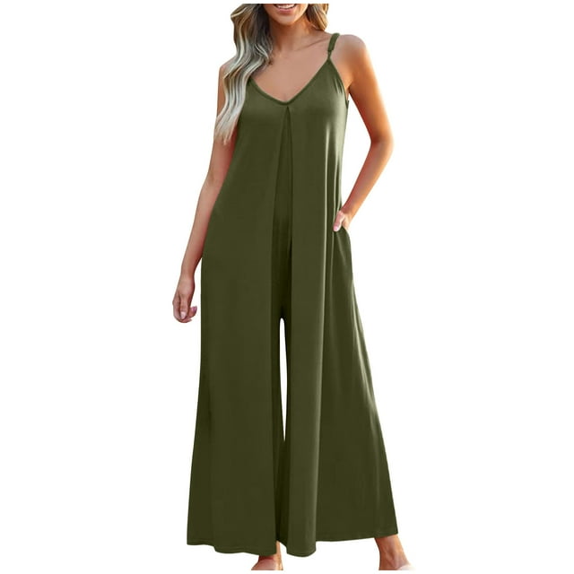 AherBiu Wide Leg Jumpsuits for Women Sleeveless Deep V Neck Summer Casual Rompers Pants with Pockets