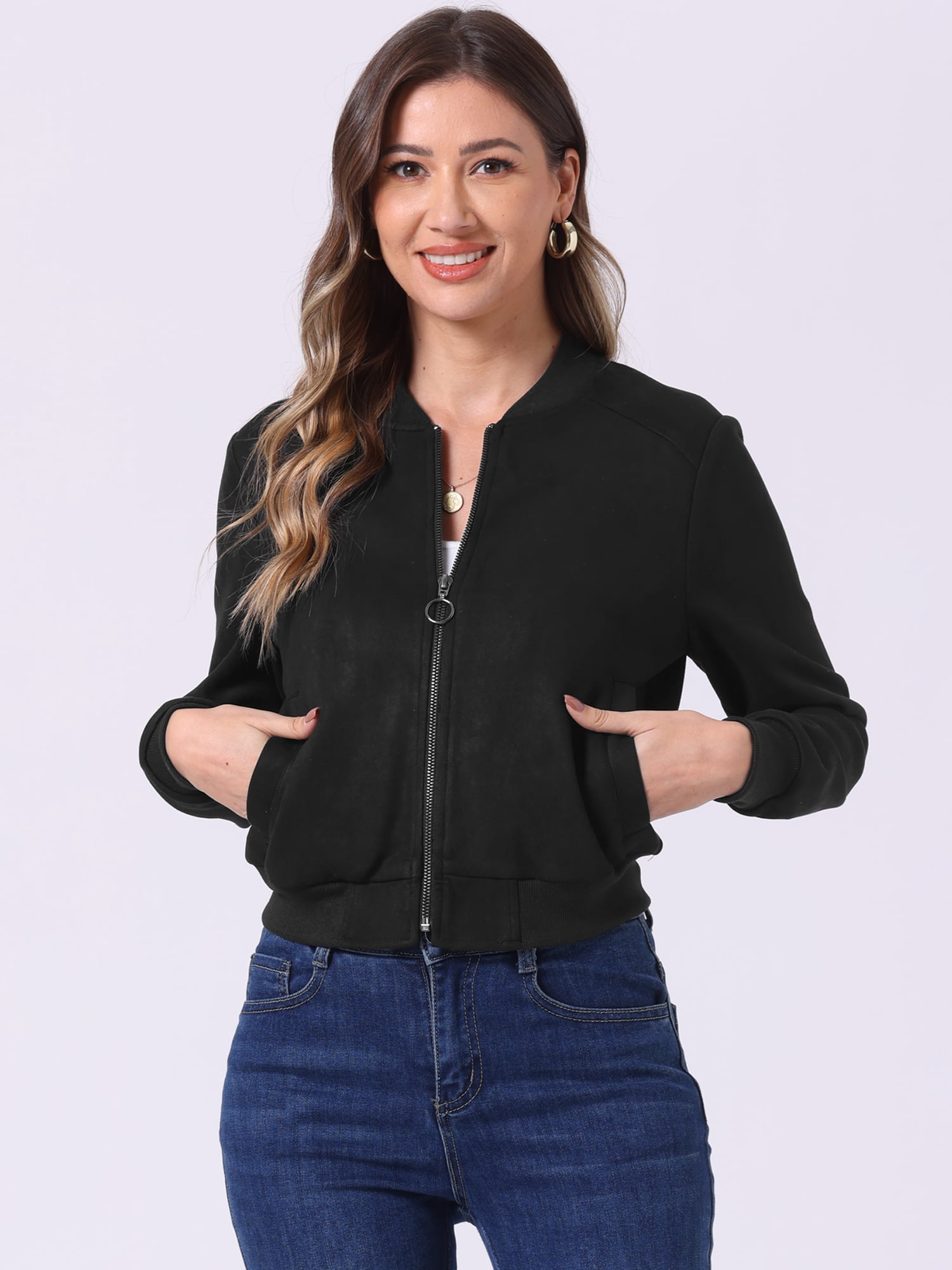 DARING DIVA Stand Collar Zip Up Biker Moto Bomber Jackets L Black