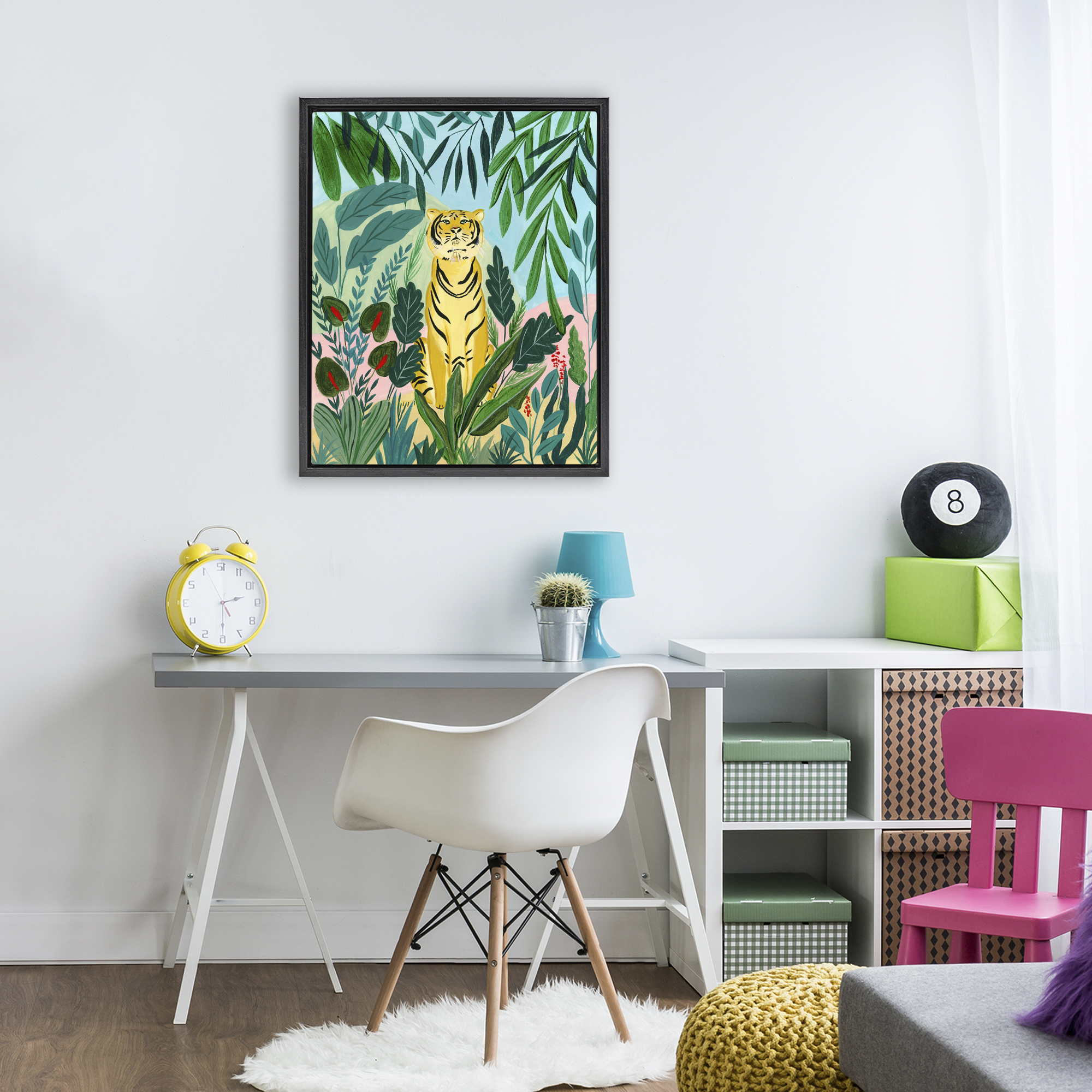 Stoic Tiger Tropical Forest Black Framed Floater Canvas Wall Art, design by Nabeela Rumi