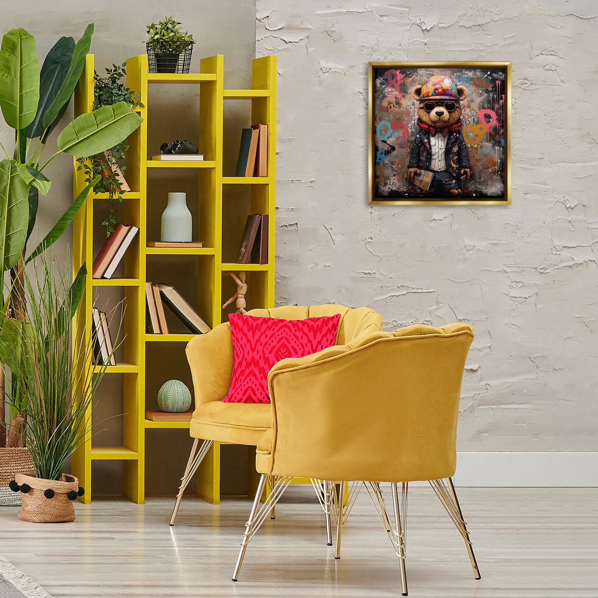 Stupell Industries Urban Graffiti Bear Animals & Insects Painting Gold Floater Framed Canvas Art Print Wall Art, 18 x 18