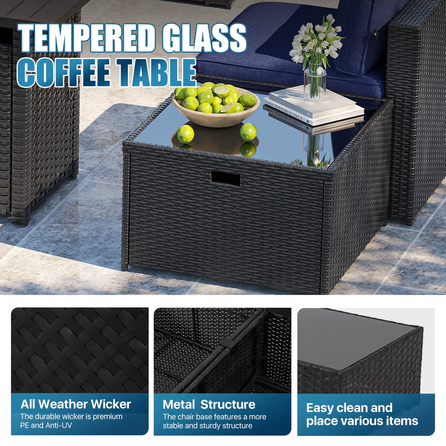 Sunmthink 8 Tempered Glass Waterproof Outdoor Conversation Sets with Sofa and Table, Blue