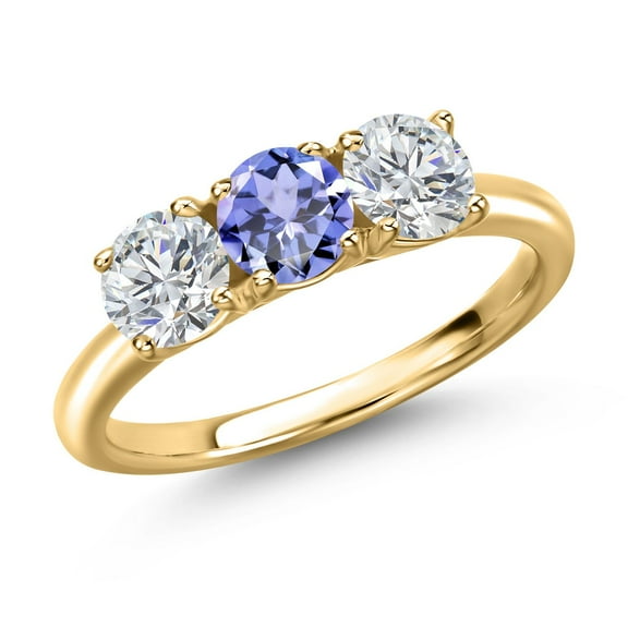 Gem Stone King 18K Yellow Gold Plated Silver Blue Tanzanite and Lab Grown Diamond Engagement Ring for Women | 1.46 Cttw | Round 5MM | Gemstone December Birthstone | Size 6