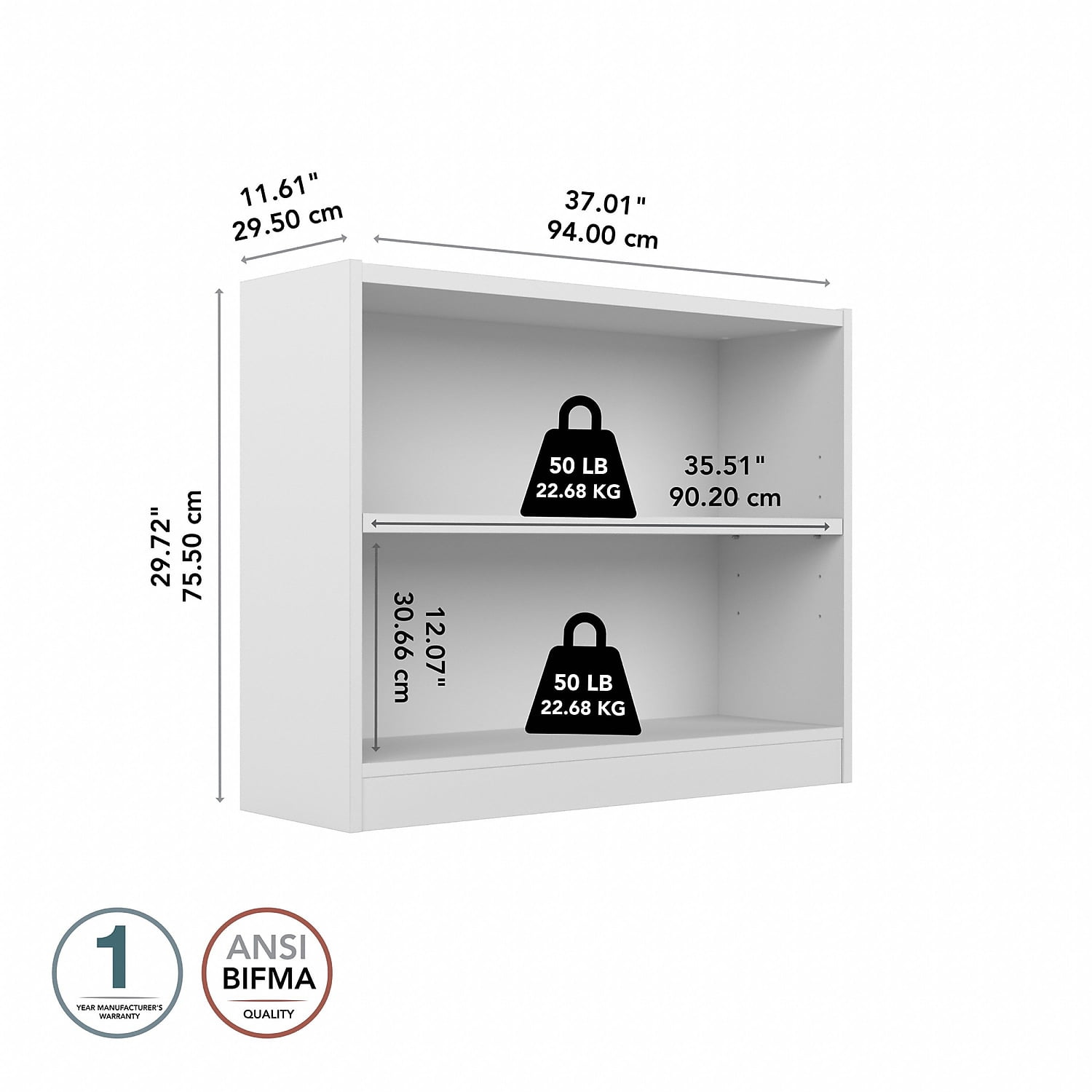 Universal 2 Shelf Bookcase in Pure White - Engineered Wood