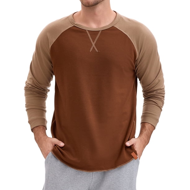 Camiseta de manga larga para hombre, color bloque, estilo casual, raglán, marrón y caqui