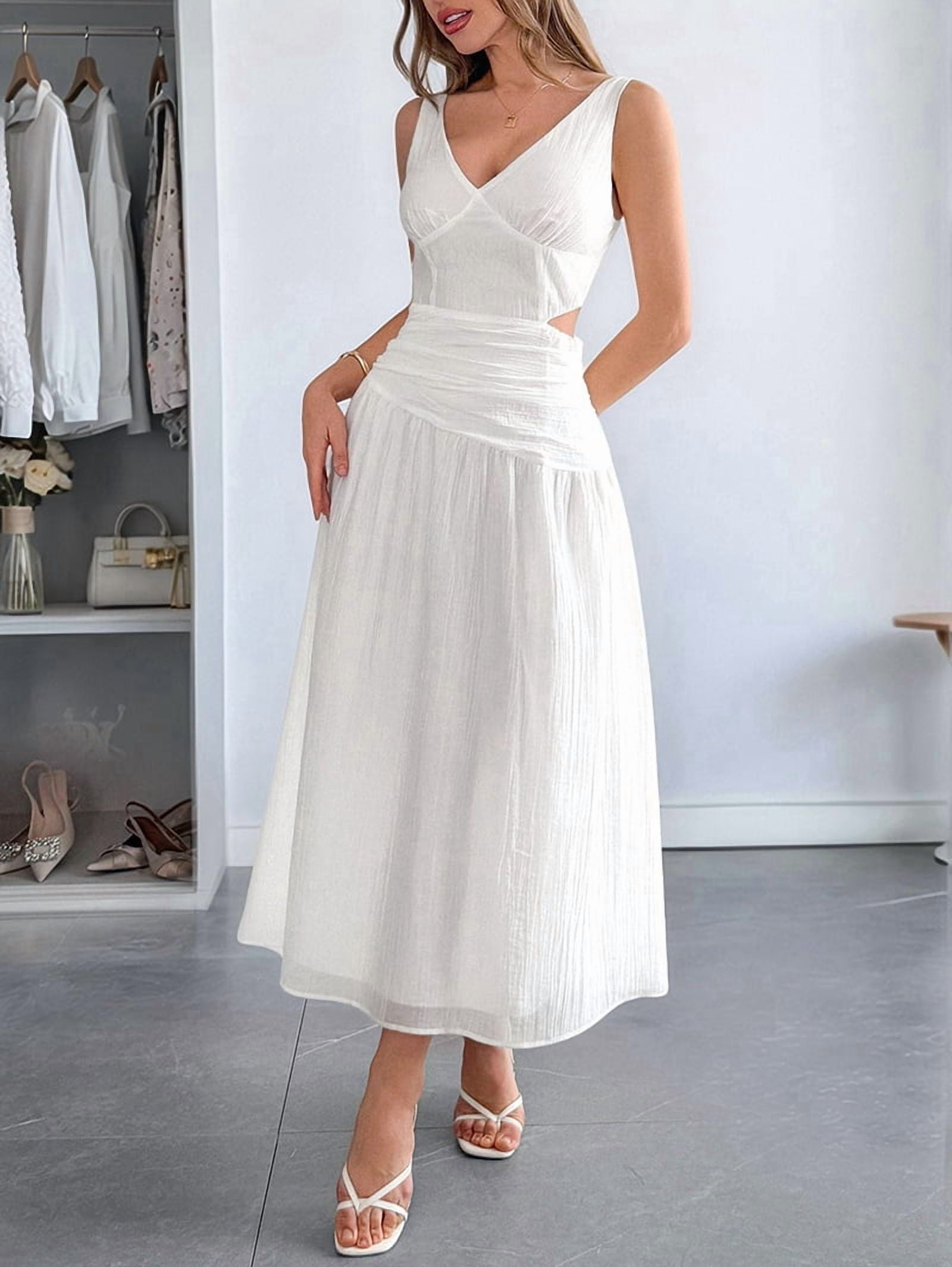 Women'S Summer Sleeveless Casual Dresses V-Neck Wrinkles Backless Party Dress White M