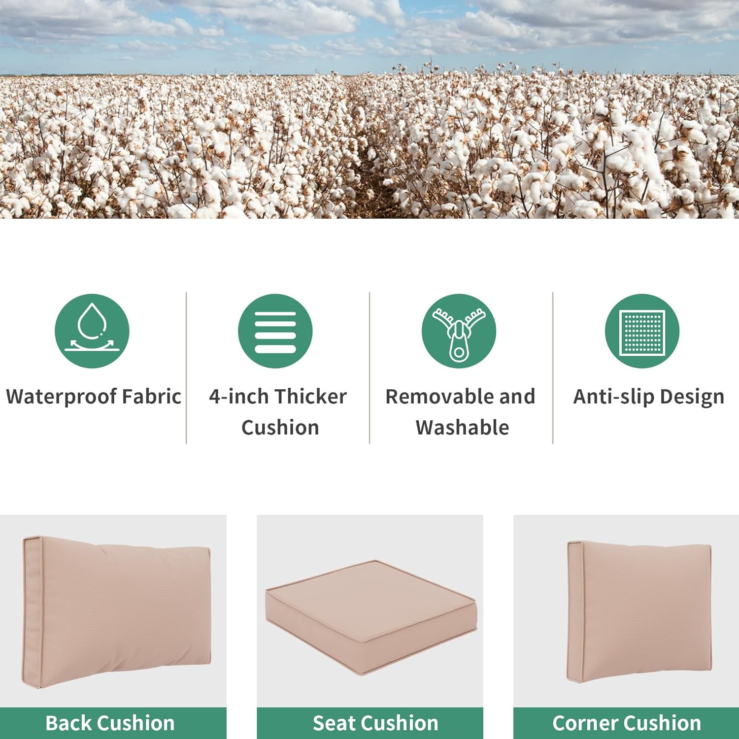 ELPOSUN Outdoor Cushions for Patio Furniture Replacement, Waterproof Patio Furniture Cushions, Deep Seat Patio Cushions, Patio Seat Cushions for Outdoor Sectional (Beige)