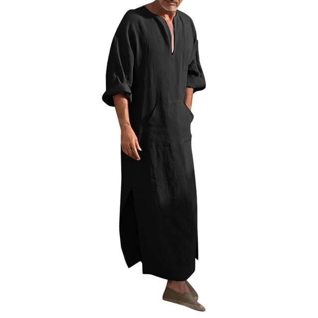 Thobe pour Hommes Kaftan Décontracté Thobe à Manches Longues pour Hommes Thobe Arabe avec Poches Robe Musulmane Robe Noire