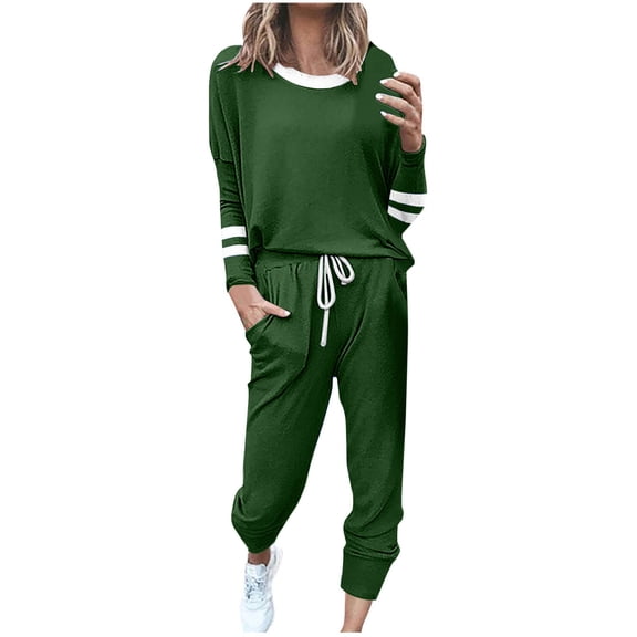 Womens Plus Size Casual Sweatsuit Set with Striped Sleeve Top and Jogger Pants for Lounging and Outdoor Olive Green L