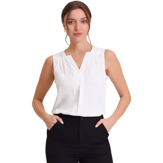 Blusa sin mangas con cuello en V para camisas de trabajo de oficina de gasa para mujer blanco XS