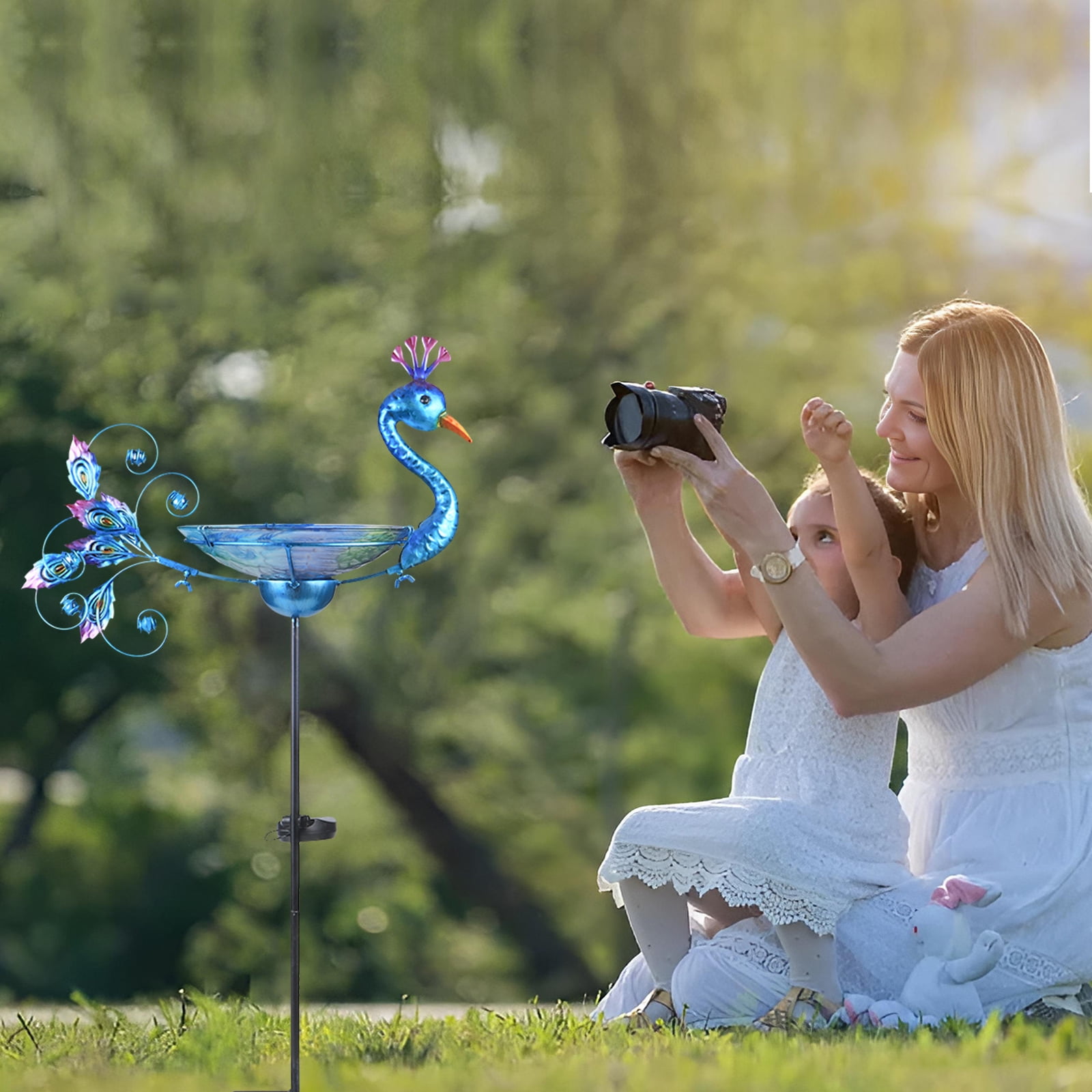 Outdoor Bird Bath Solar Light Birdbath Small Birdfeeder with Peacock Metal Stake for Garden Yard Decor