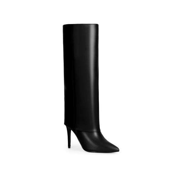 BLISSFUL STEP Women's Boots Fold Over Knee High Stiletto Heel Pointed Toe Side Zip Faux Leather Boots Black 8