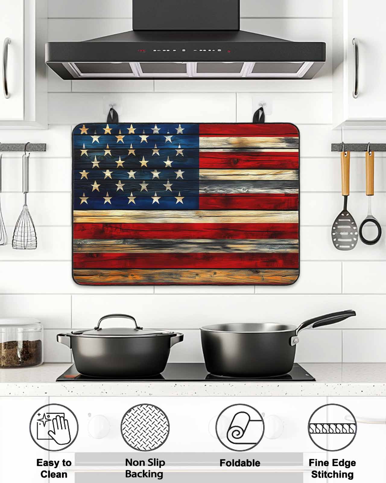 Stove Top Covers for Electric Stove, Retro American Flag Glass Stovetop Cover Protector, Blue Red USA Flag Vintage Wood Induction Cooktop Protector Oven Mat for Kitchen Countertop 31"x24"