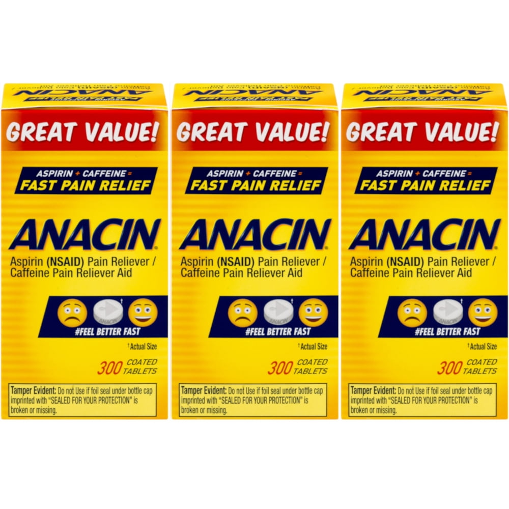 3 Pack Anacin Fast Pain Relief Aspirin & Caffeine Pain Reliever 300 Tablets Each