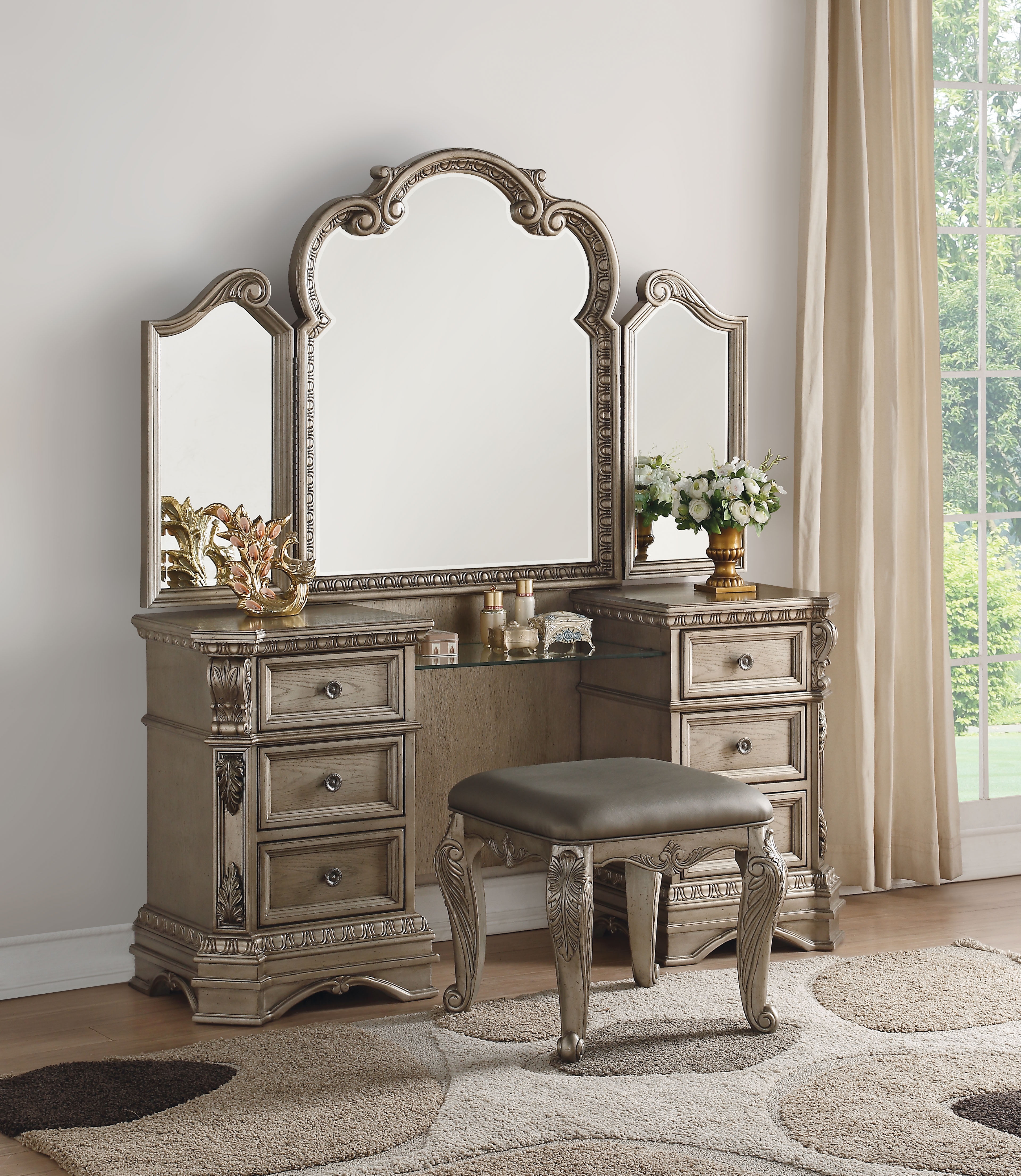 Acme Northville Vanity Desk In Antique Silver Finish