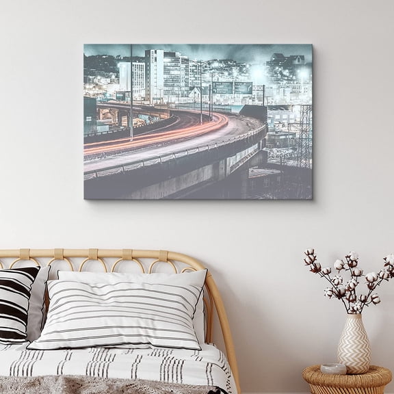 PixonSign Canvas Print Wall Art Vintage Film-Grain Speeding Cars on Freeway Architecture & Maps Cities Photography Realism Chic Scenic Colorful Blue Neon for Living Room, Bedroom, Office - 12"x18"
