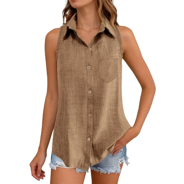 GPOECD Chemises pour Femmes Été Sans Manches Mélange Col Boutonné Débardeur Blouse pour Tenue de Travail Décontractée Hauts Sans Manches pour Femmes Kaki,m
