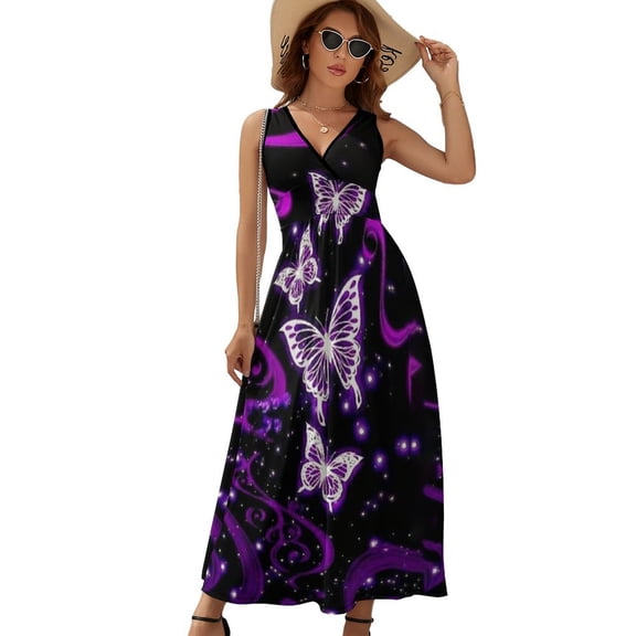 Glowing Butterfly Purple Background Sleeveless Dress Dresses Women Summer Evening Dresses Ladies Bohemia Long Dresses