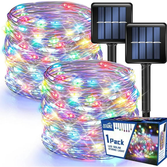 33FT SOWAZ 100 LED Solar Powered Copper Wire String Lights Outdoor, Waterproof, 2 Modes Fairy Lights for Garden, Patio, Party, Yard, Christmas (Multicolor), 2 Pack