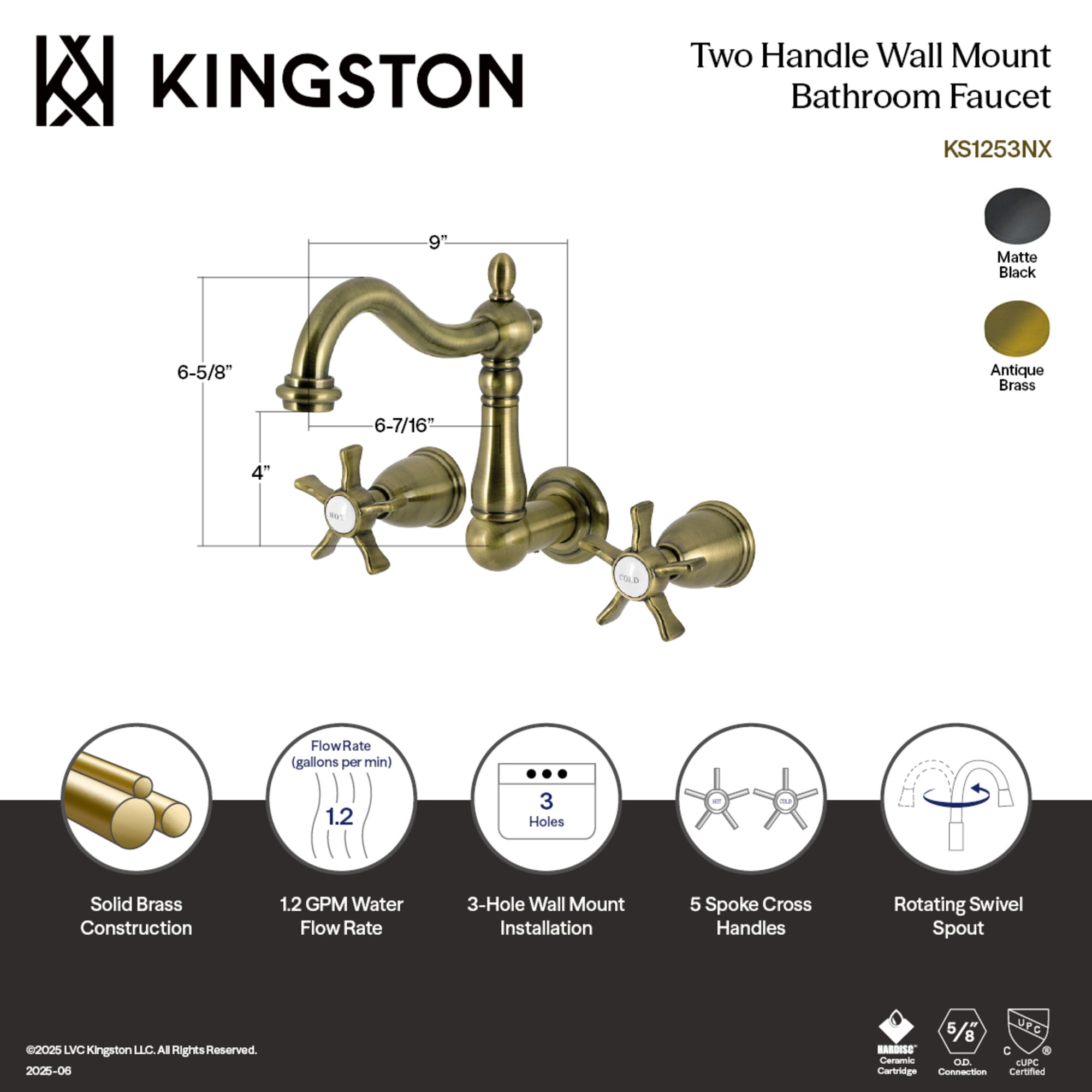 Kingston Brass KS1253NX Hamilton Double-Handle 3-Hole Wall Mount Bathroom Faucet in Antique Brass