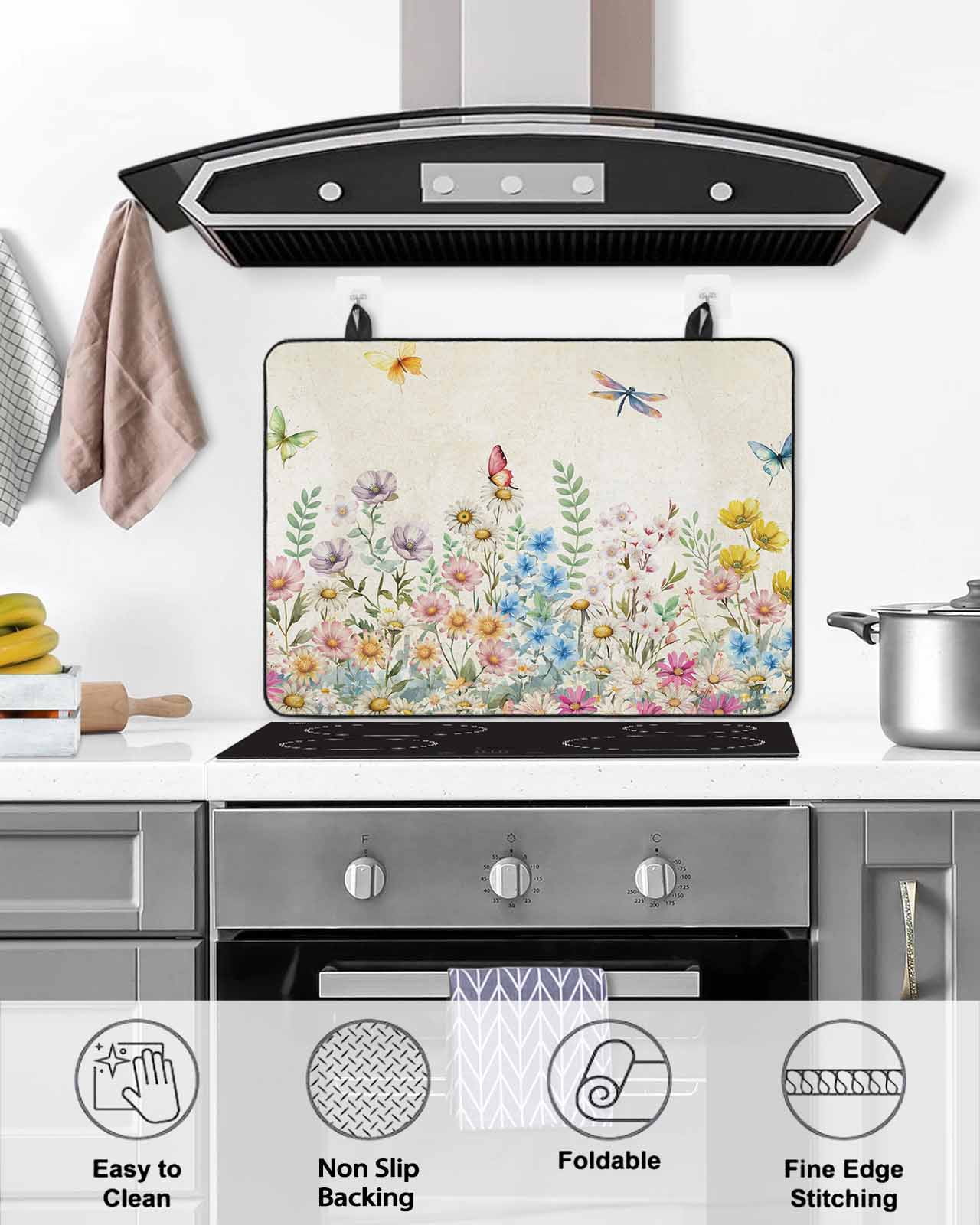 Large Induction Cooktop Protector Mat Colorful Floral Stove Top Covers for Electric Stove, Farmhouse Vintage Dragonfly Butterfly Flower Decorative Stove Burner Cover Mats, Glass Top Stove Cover