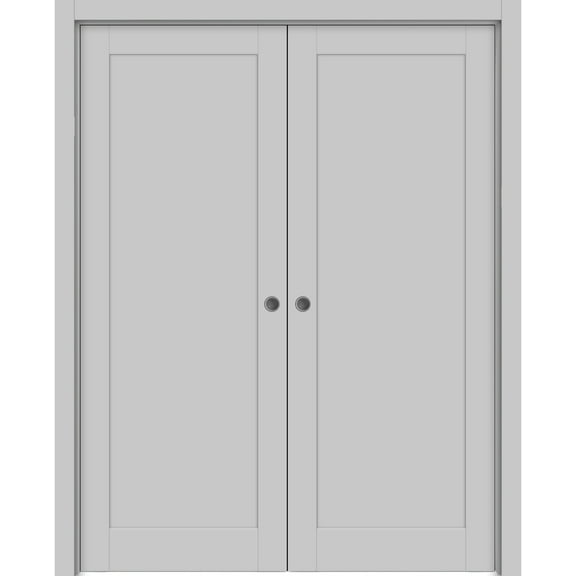 Sliding French Double Pocket Doors 72 x 84 inches | Quadro 4111 Matte Grey | Kit Trims Rail Hardware | Solid Wood Interior Bedroom Sturdy Doors