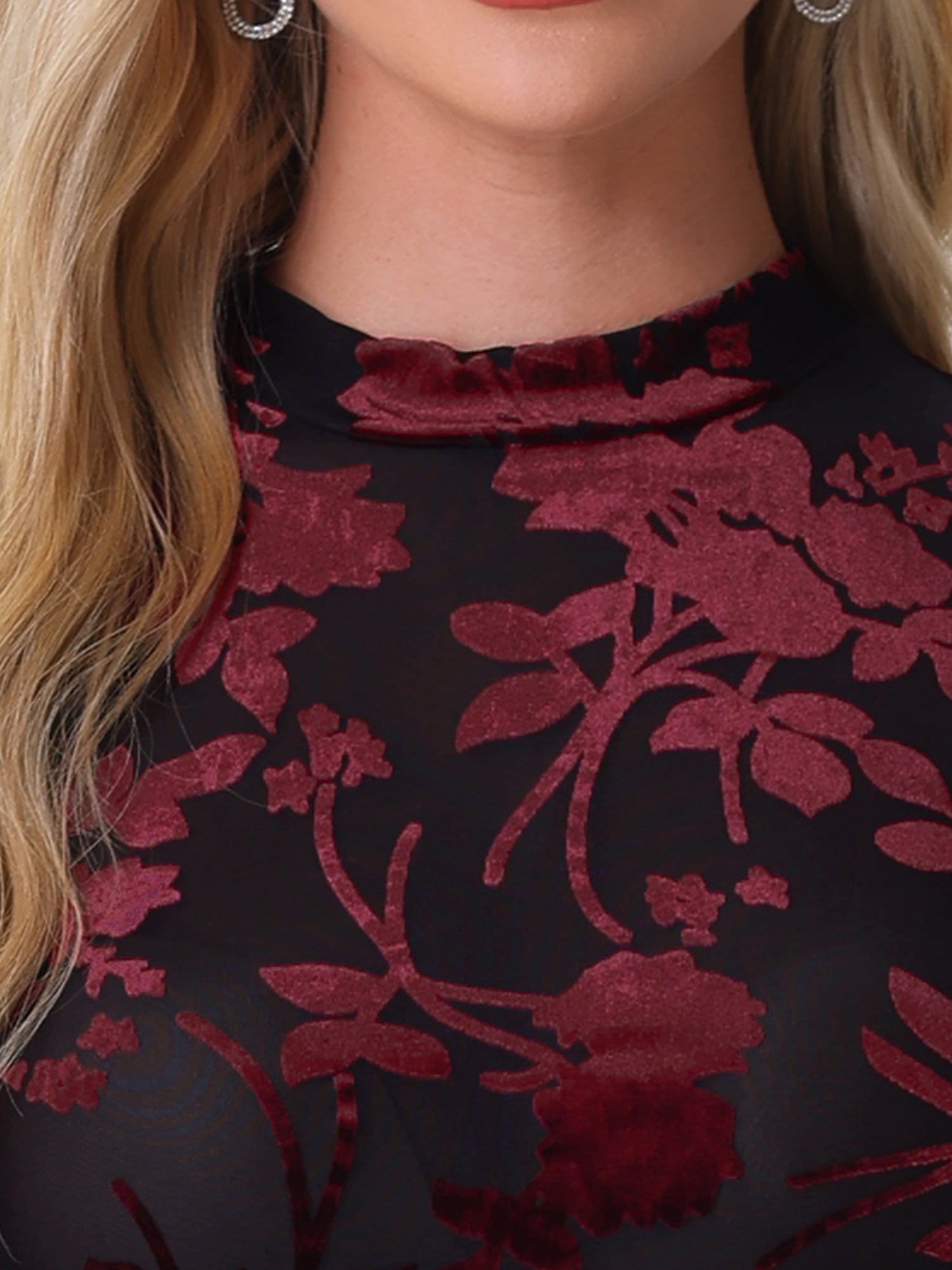 DARING DIVA Women's See Through Mesh Mock Neck Velvet Floral Tee Shirts XL Black Red
