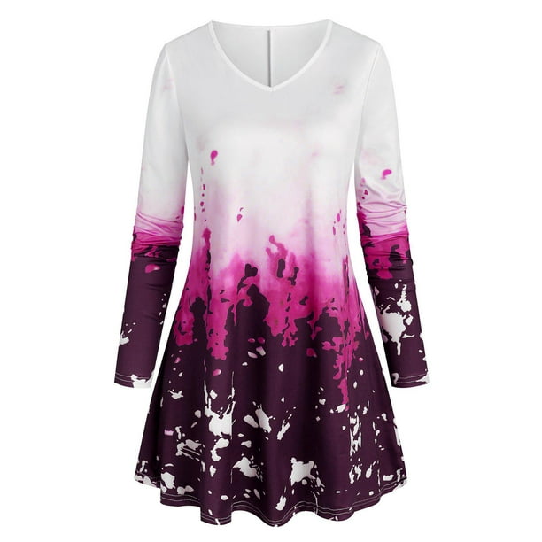 Tamaño más Ombre color con cuello en V T Rosegal Mangas largas de talla grande