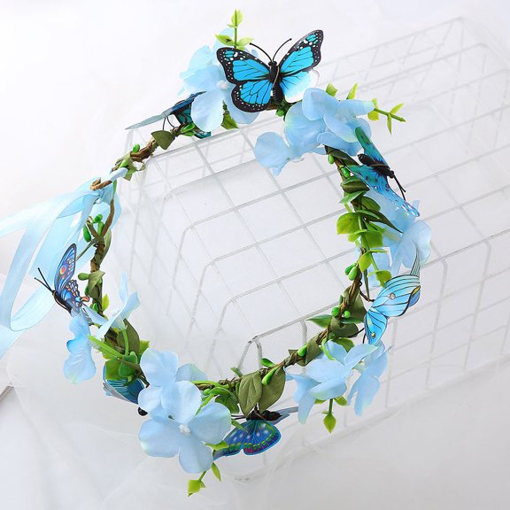Tineasur Blue Floral Cloth Crown with Elegant Butterfly Design Headband for Women, Perfect for Various Occasions, 7.5 Inches