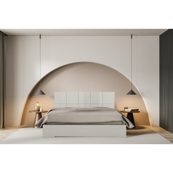 King Size Bed with Modern Square Headboard - Light Grey High Gloss Finish Bedroom Furniture