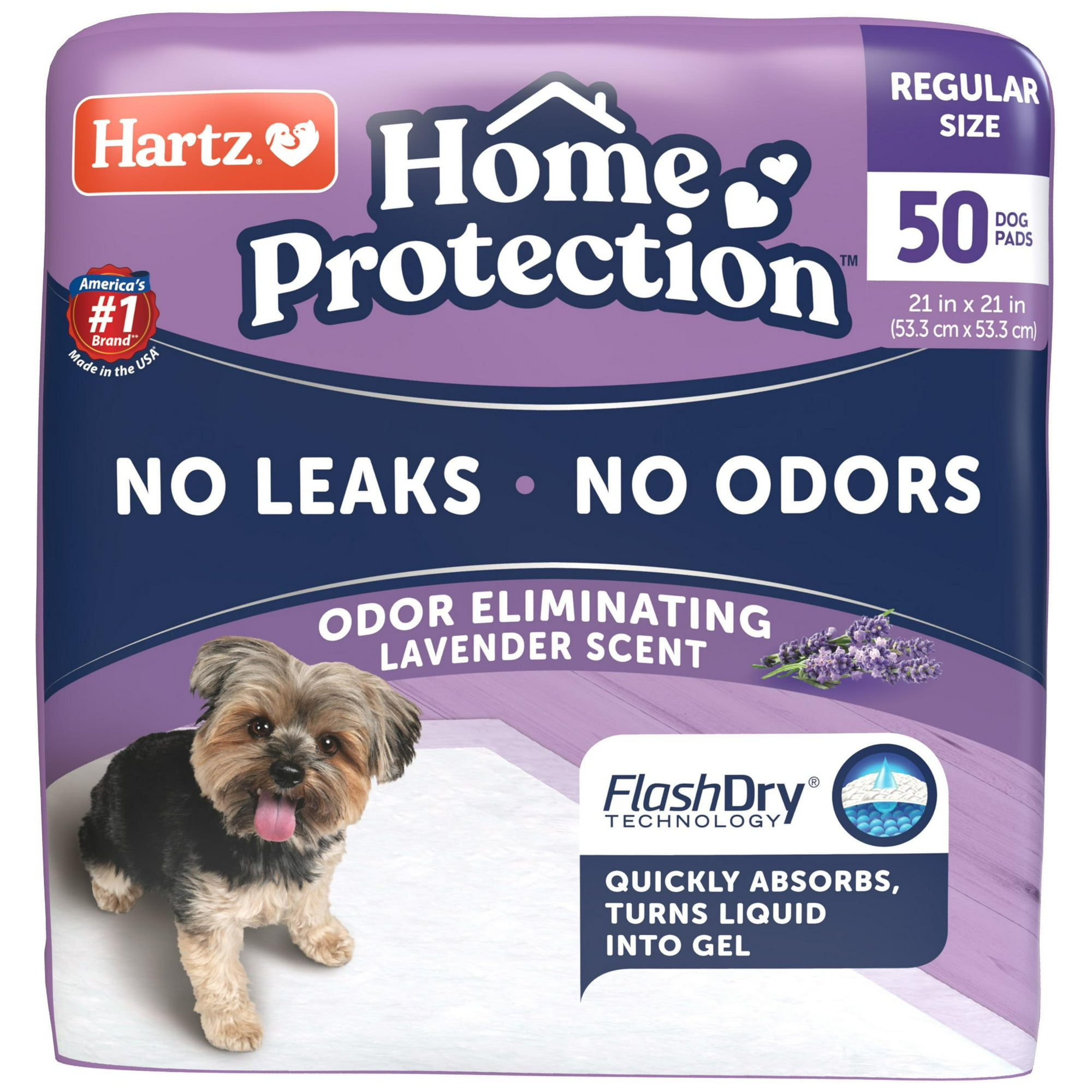 Hartz Home Protection Super Absorbent Odor Eliminating Lavender Scented No Leaks Dog Pads, Regular, 21 in x 21 in, 50 Count