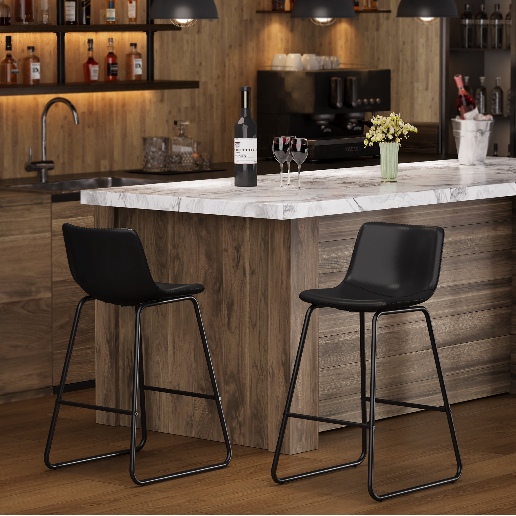 Aufeile 26" Counter Height Bar Stools Set of 2 – Modern Faux Leather Barstools with Back & Metal Legs, Kitchen Bar Chairs for Island, Dining Room, Black