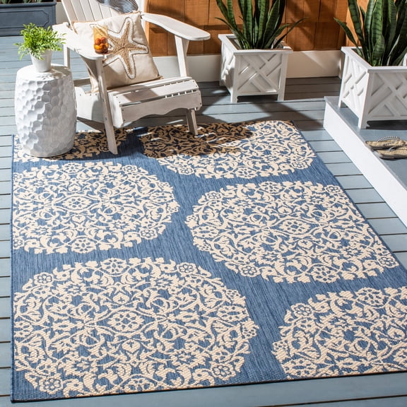 Safavieh Courtyard Lyall Geometric Indoor/Outdoor Area Rug, Blue/Ivory, 5'5" x 7'7"