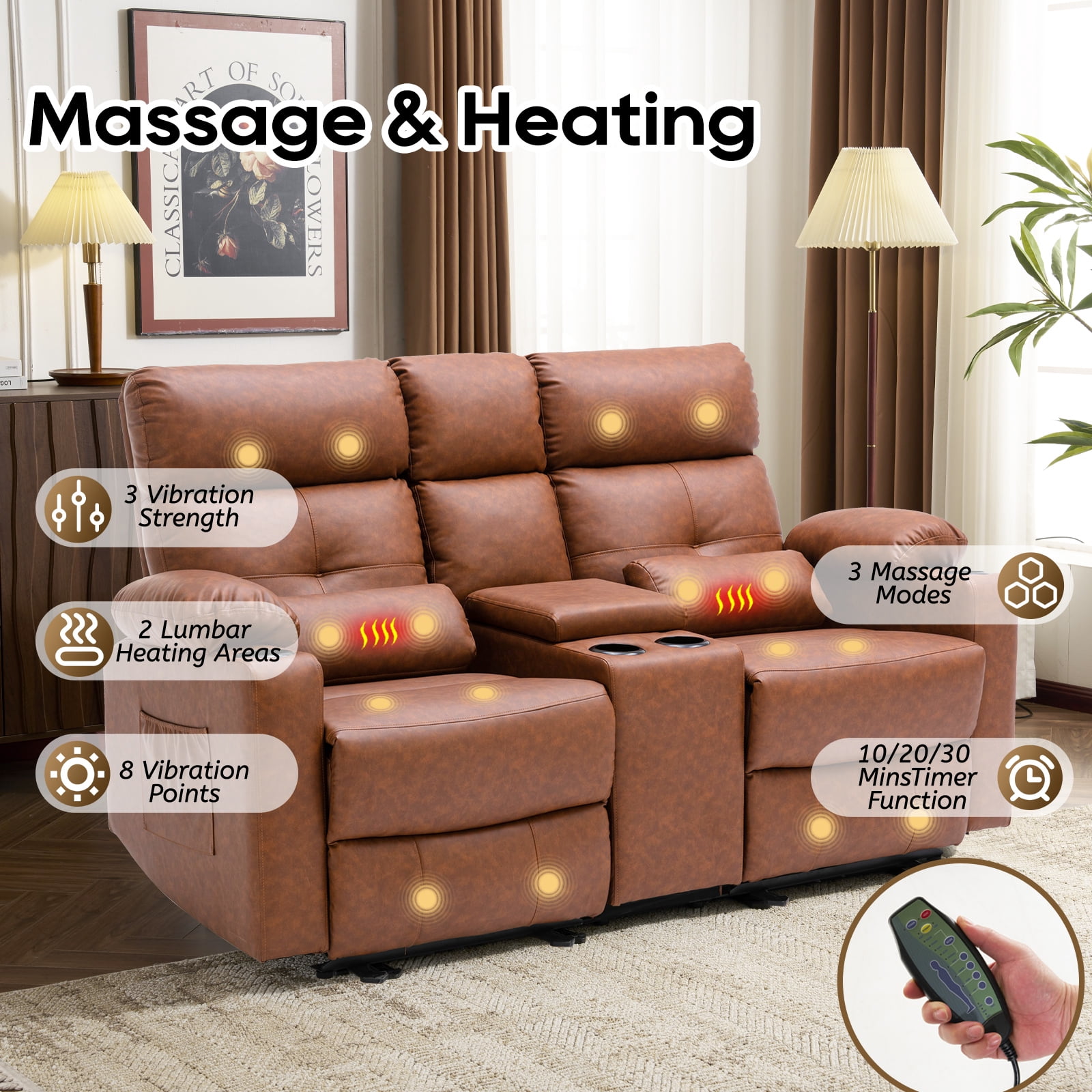PYOIER Reclining Loveseat Sofa With Massage & Heating, Black