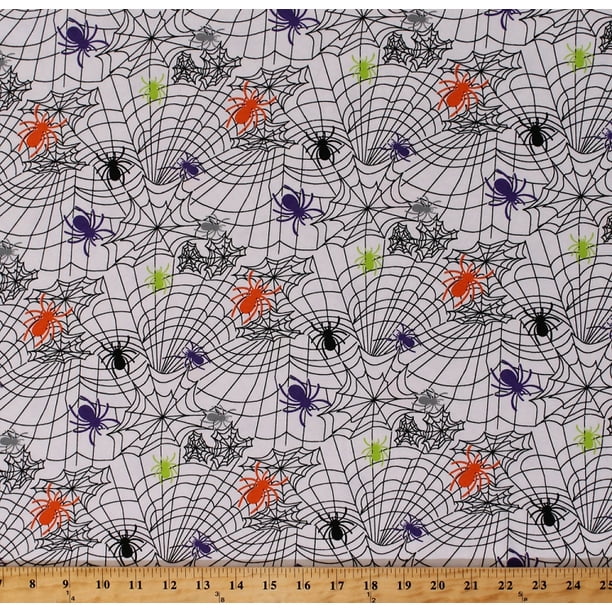 Jersey Knit Spiders Spiderweb on White Stretch Knit Fabric By the Yard