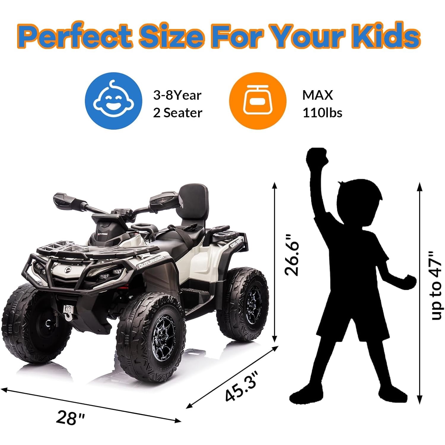 Roromall 2 Seater Ride On ATV for Kids, 24V Ride On Toy Car with Leather Seat, EVE Wheels, LED Lights, 2WD/4WD Power, Music, 4 Wheeler Electric Car Battery Powered for Boys Girls
