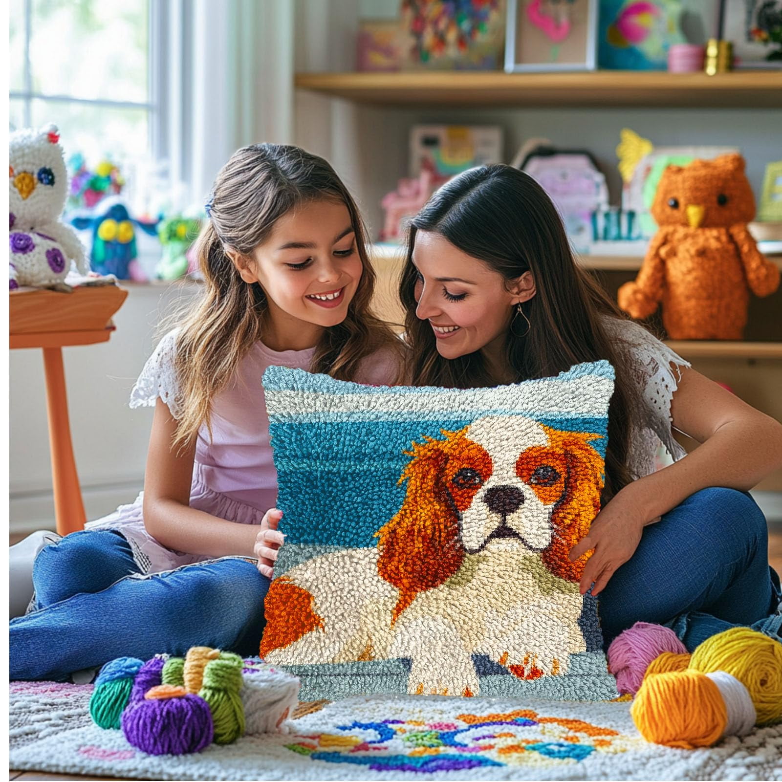 DIY Latch Hook Pillow Kits for Adults Cute Cavalier King Charles Dog Printed Pillowcase Crochet Yarns Hooking Handmade Pillow Cover Cushion for Home Sofa Decoration 17x17inch(1)