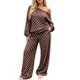 thumbnail image 2 of Gamivast Polka Dot 2 Piece Outfits for Women Long Sleeve One Shoulder Tops and Wide Leg Pants Set Casual Loose Fit Lounge Wear Summer Outfits Coffee M, 2 of 7